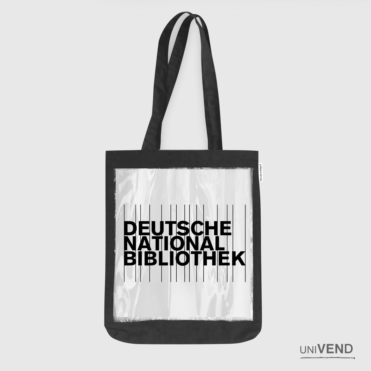 Die Tasche ist schwarz mit DNB Logo und für den Besuch in der Bibliothek zugelassen.
